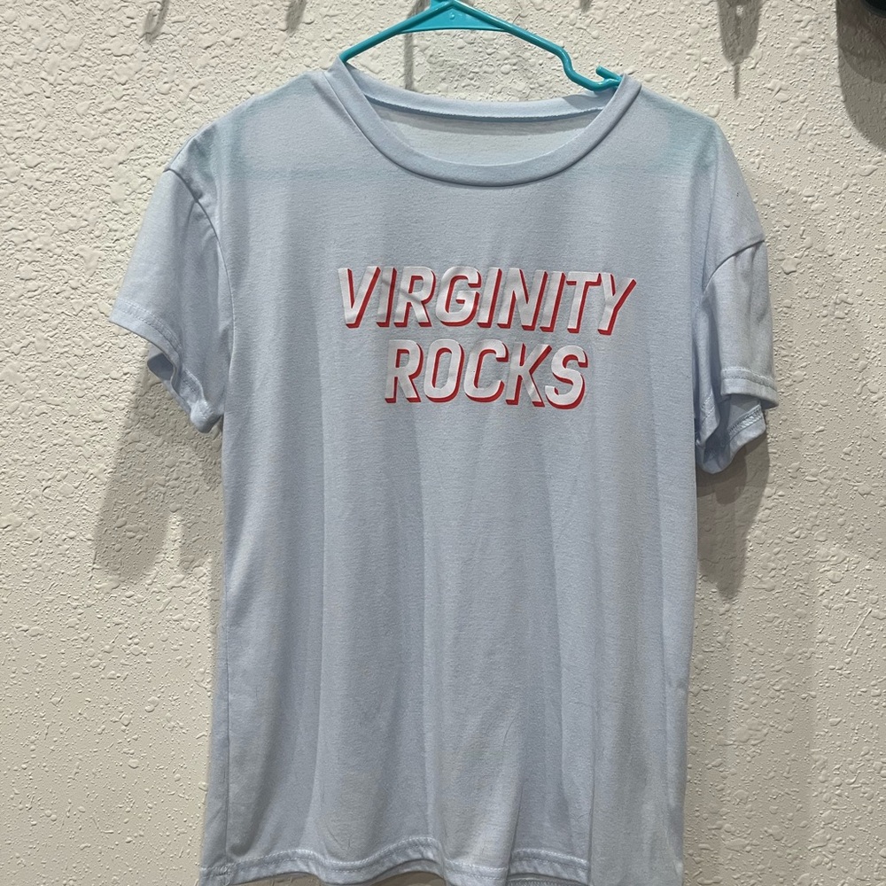 VIRGINITY ROCKS 🤘🏼 Brand Unknown; Light Blue Tee with Red Text